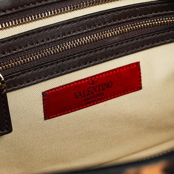 Valentino Brown Leopard Calf Hair Golden Rockstud Double Handle Tote - Picture 14 of 15